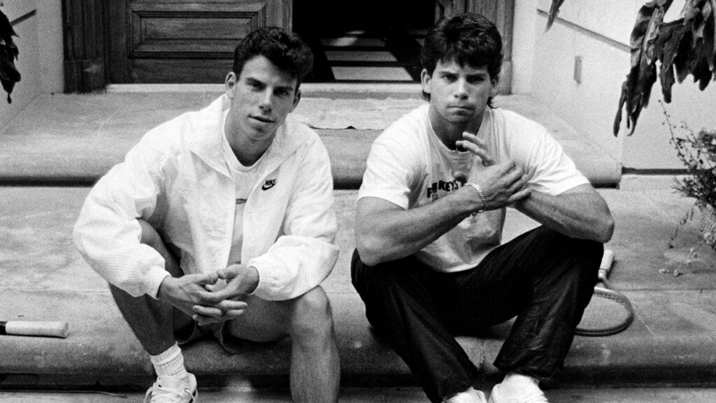 Menendez brothers, Erik, left, and Lyle on the steps of their Beverly Hills home in November, 1989.