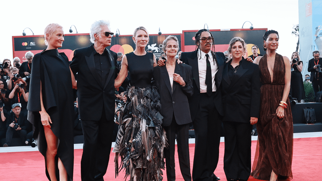 (L-R) Vicky Krieps, Jim Jarmusch, Cate Blanchett, Charlotte Rampling, Luka Sabbat, Mayim Bialik and Indya Moore attend the 'Father Mother Sister Brother' red carpet during the 82nd Venice International Film Festival.