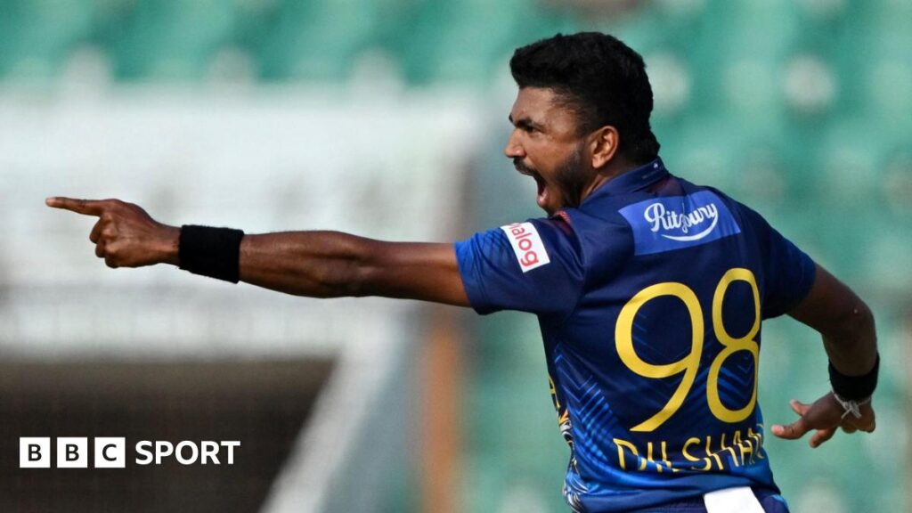 Dilshan Madushanka celebrates a wicket against Bangladesh in March 2024