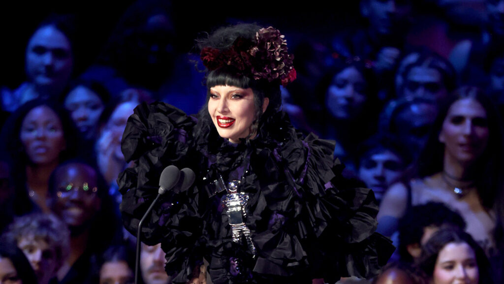 Lady Gaga accepts the artist of the year award onstage during the 2025 MTV Video Music Awards at UBS Arena on Sunday.