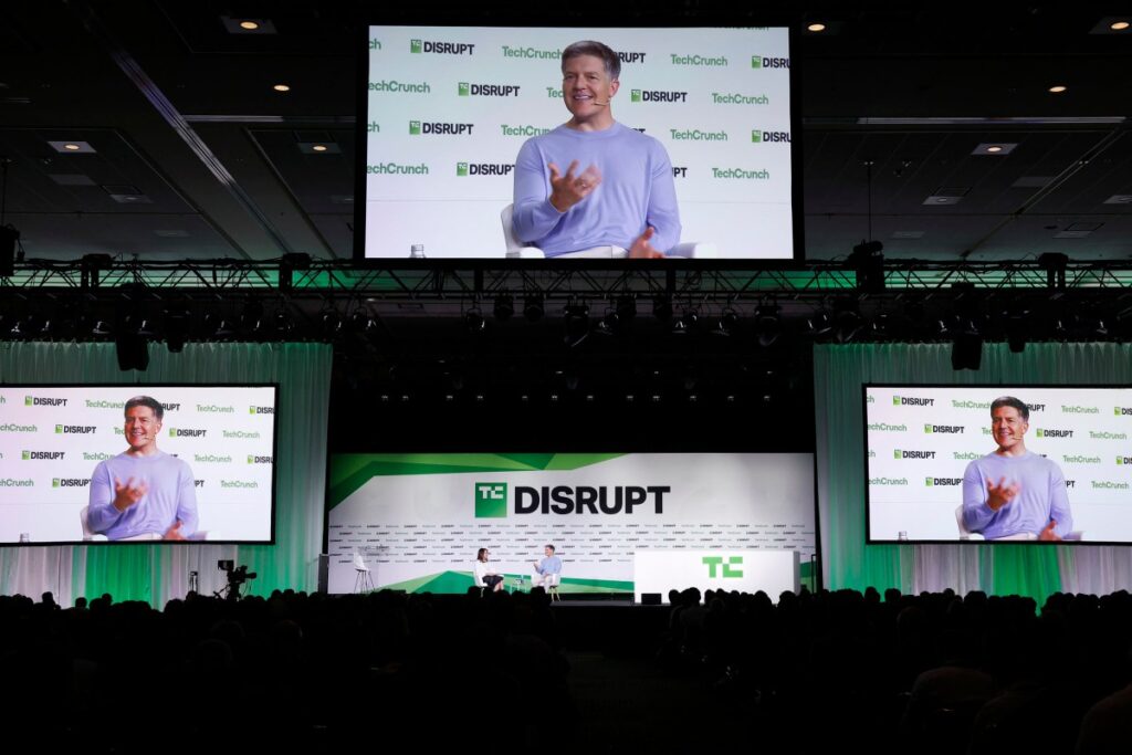 Editor-in-Chief & GM of TechCrunch, and Roelof Botha speak onstage during day one of TechCrunch Disrupt 2025 at Moscone Center on October 27, 2025 in San Francisco