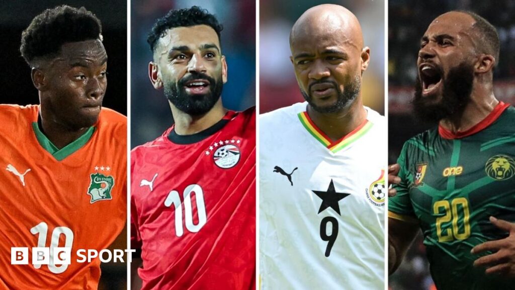 A split image with four vertical columns showing Simon Adingra in an orange Ivory Coast shirt with a white number 10 on the chest, Mohamed Salah in a red Egypt shirt with a white number 10 on the chest, Jordan Ayew in a white Ghana shirt with a black star and black number 9 on the chest and Bryan Mbeumo in a green Cameroon shirt with a yellow number 20 on the chest. All four players are seen from waist up while in action for their respective national teams